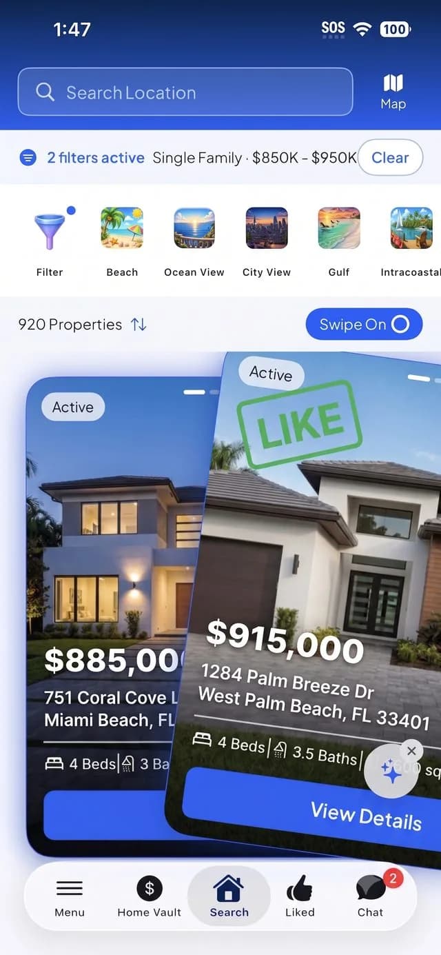 Surf Local app — swiping right to LIKE a home
