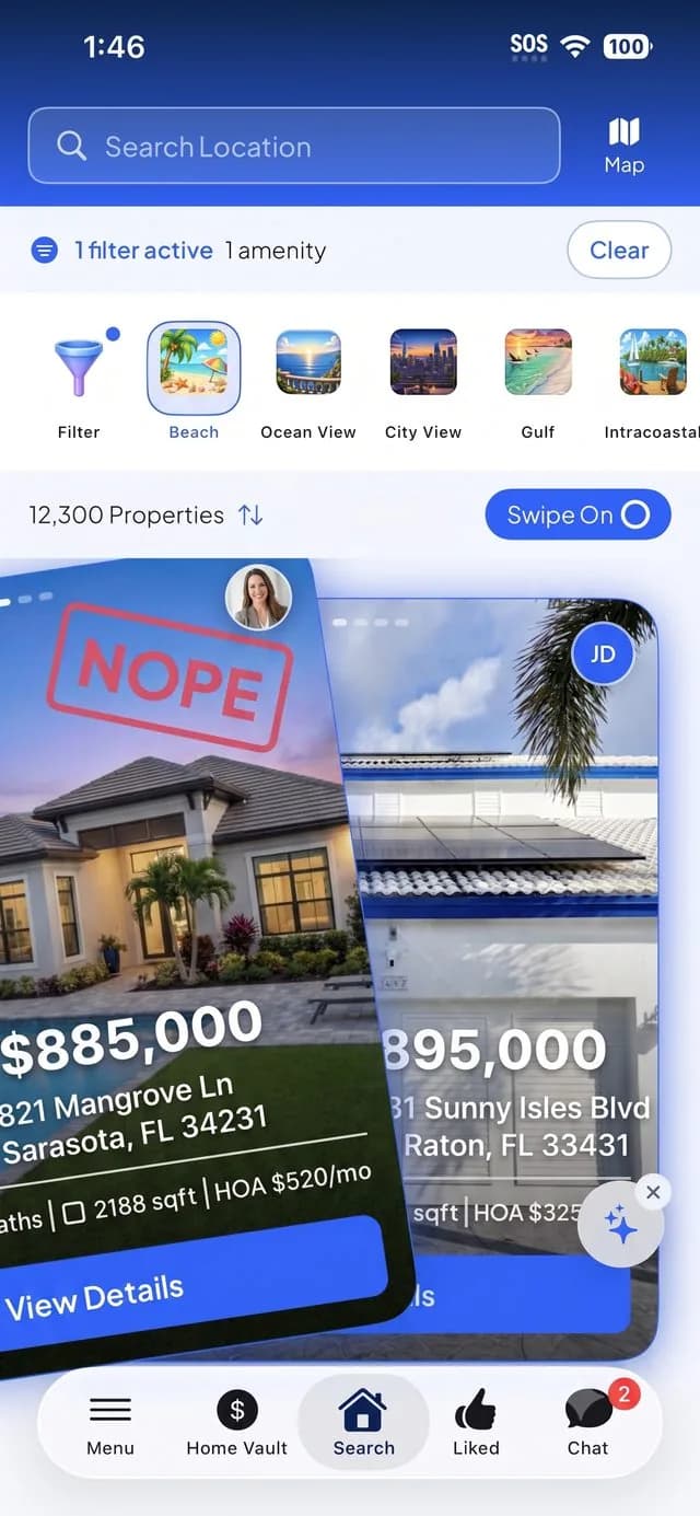 Surf Local app — swiping left to pass on a home