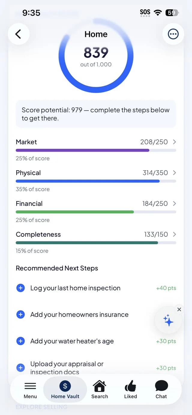 Home Vault home score breakdown — 839 out of 1000