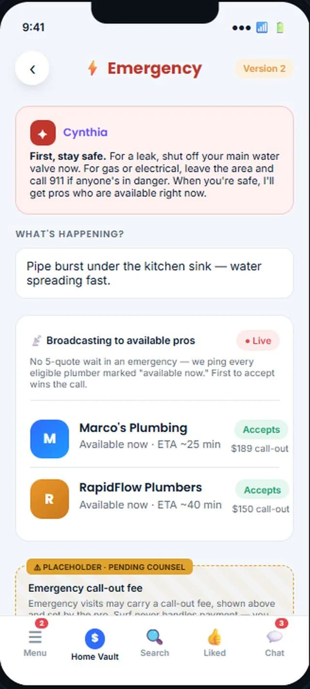 Cynthia AI emergency flow — broadcasting to available plumbers