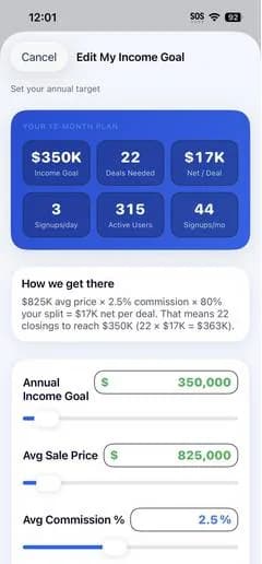 Surf Local for Agents — Edit My Income Goal, 12-month plan and calculator